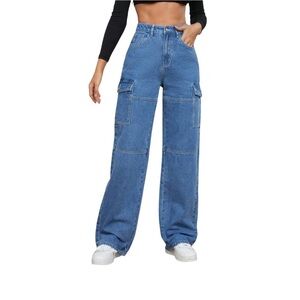 SHEIN Blue Flare Wide Leg Jeans with cargo pockets altered inseam 26”